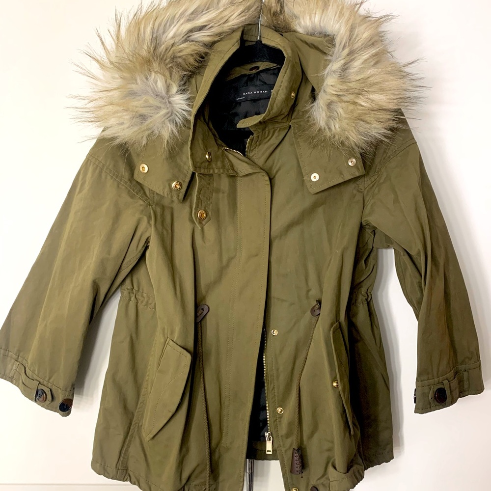ZARA Women’s Short Khaki Green Detachable Fur Trim Hood Parka Jacket, S, New